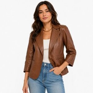 Boston Proper Leather Blazer Women 2 Brown 3/4 Sleeve Tailored Professional